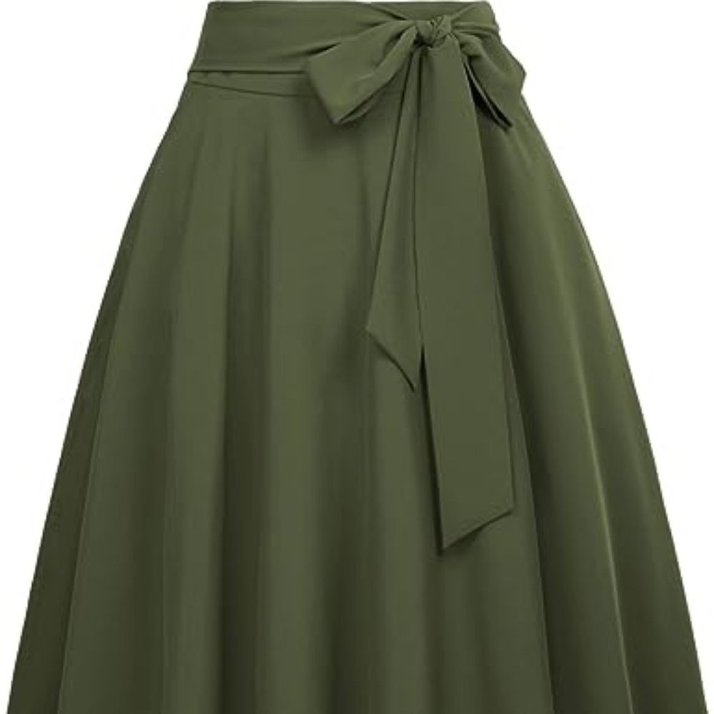 Army Green High Waist A-Line Pockets Skirt Skater Flared Midi Skirt